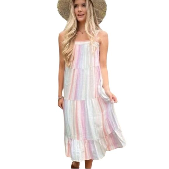 Rails Amaya Tiered Midi Dress Rainbow Juliette Stripe Pastel Women Size small - Picture 1 of 10